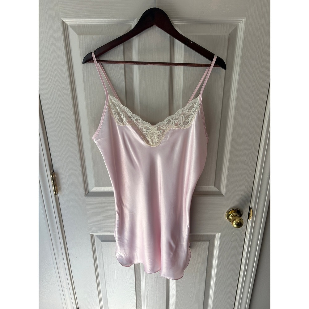 VTG California Dynasty Pink Satin Lace Trim Camisole Slip Top Large Made in USA